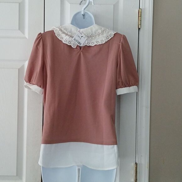Lipslide brown white eyelet pearl collar  blouse casual preppy Sz M NWT - Picture 5 of 6